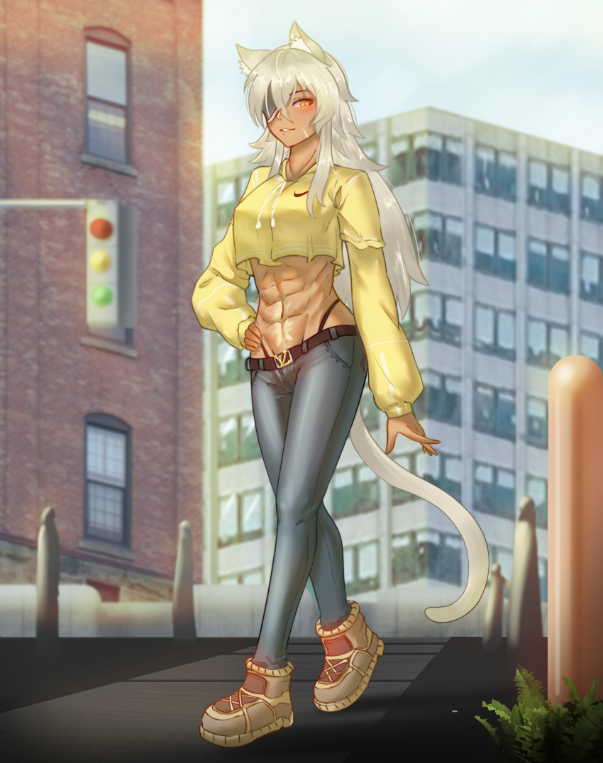 abs, absurdres, animal_ears, blush, crop_top, crop_top_overhang, dark_skin, dark-skinned_female