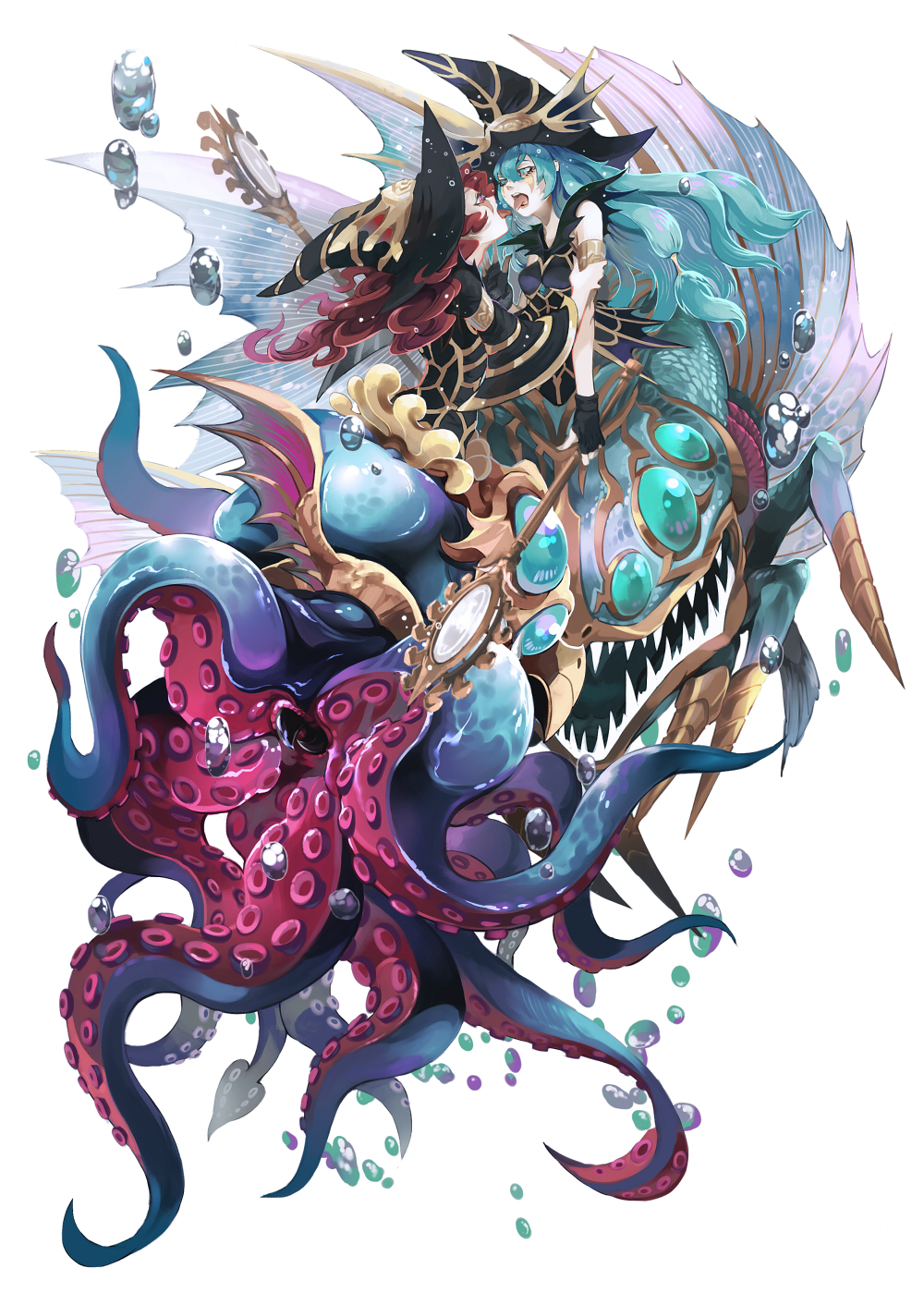 2girls, air_bubble, armlet, blue_eyes, blue_hair, bubble, chinchira, duel_monster