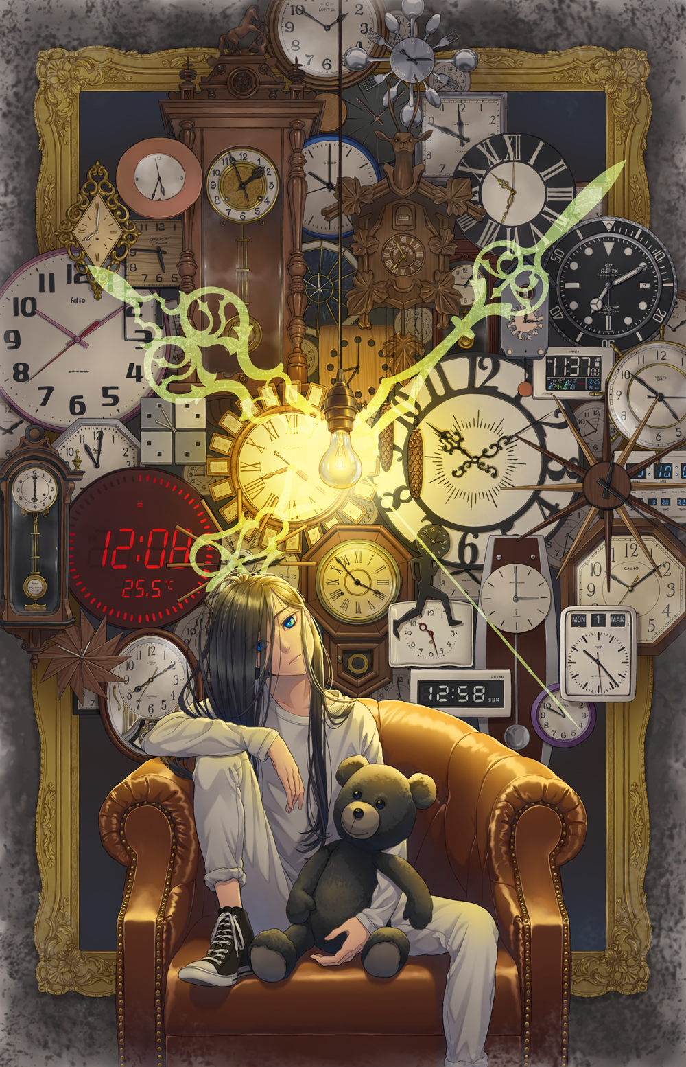 1boy, alarm_clock, analog_clock, arm_at_side, arm_on_knee, arm_rest, bishounen, black_footwear