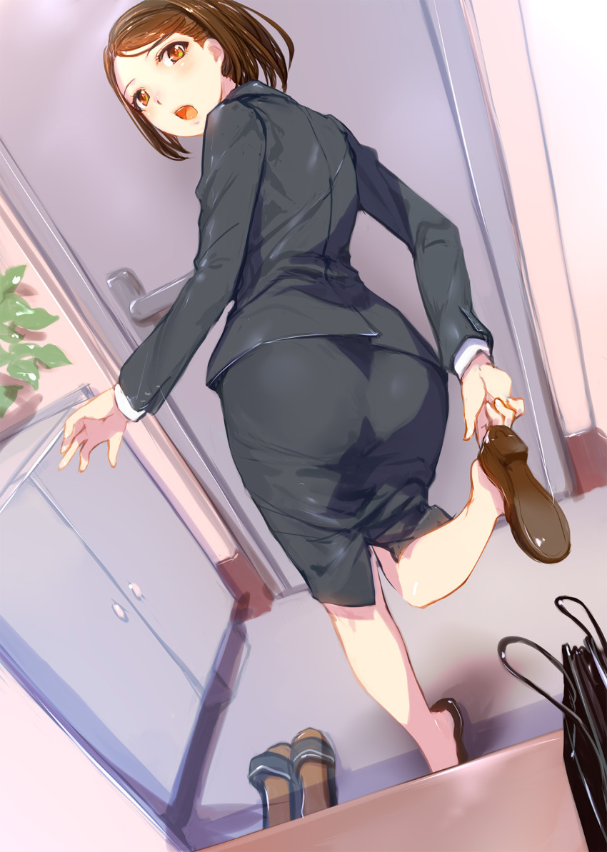 1girl, adjusting_clothes, adjusting_shoe, bag, brown_eyes, brown_hair, commentary_request, door
