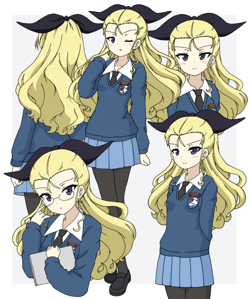 1girl, :o, ;o, adjusting_eyewear, arms_behind_back, assam_(girls_und_panzer), bespectacled, black_footwear
