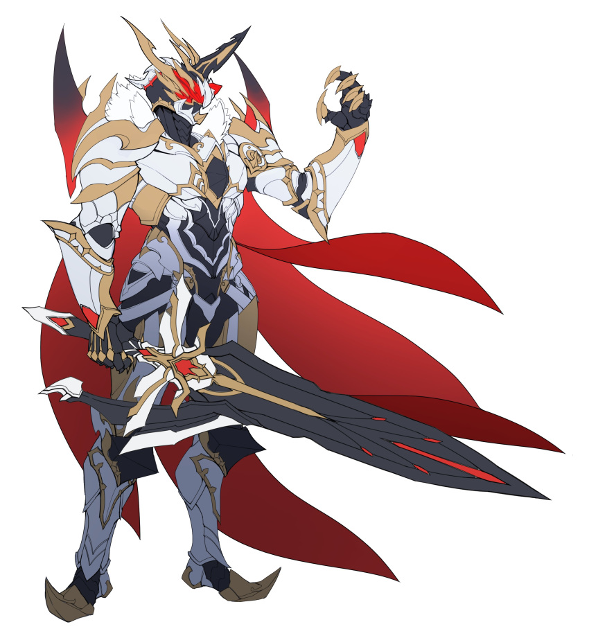 1boy, absurdres, armor, cape, catball1994, from_side, full_armor, highres, holding, holding_sword, holding_weapon, horns, kamen_rider, kamen_rider_saber_(series), kamen_rider_solomon, looking_ahead, red_eyes, redesign, single_horn, solo, sword, tokusatsu, weapon, white_background
