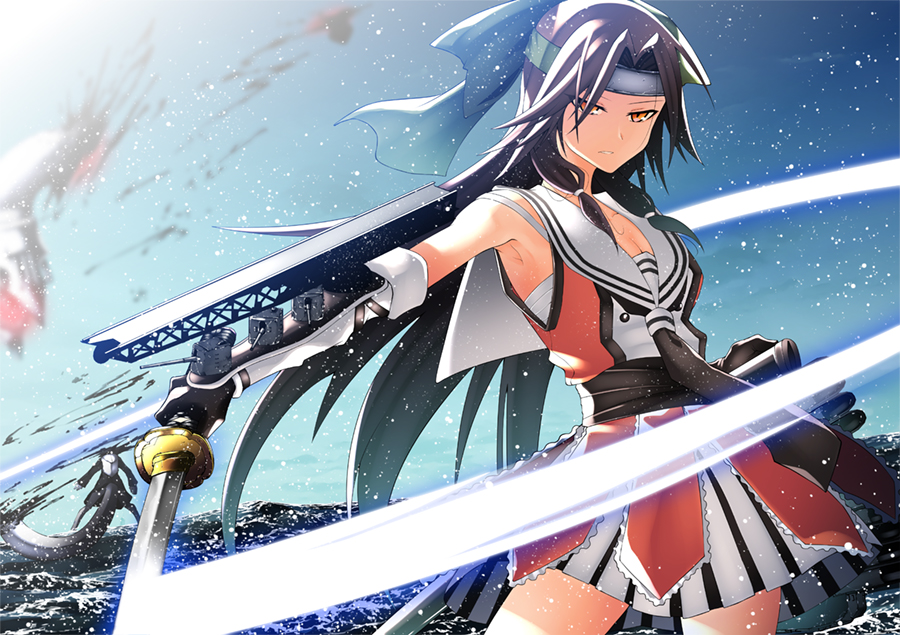 2girls, abyssal_ship, akaneharu_ohkami, bow, brown_hair, death, elbow_gloves, gloves, hair_bow, headband, holding, holding_sword, holding_weapon, jintsuu_(kancolle), kantai_collection, katana, long_hair, multiple_girls, neckerchief, orange_eyes, outdoors, re-class_battleship, remodel_(kantai_collection), rigging, sailor_collar, skirt, sky, sleeveless, sword, water, weapon, white_sailor_collar