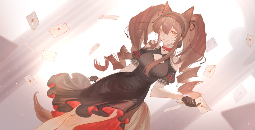 1girl, absurdres, angelina_(arknights), animal_ears, arknights, backlighting, black_dress, black_gloves
