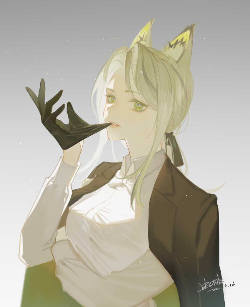 1girl, animal_ear_fluff, arknights, biting, black_gloves, black_jacket, black_ribbon, blouse