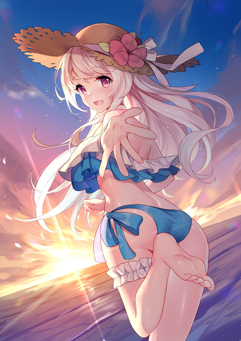 1girl, ass, back, barefoot, bikini, bison_cangshu, blue_bikini, blue_swimsuit, changchun_(warship_girls_r), eyebrows_visible_through_hair, flower_hat, hat, long_hair, looking_at_viewer, looking_back, open_mouth, silver_hair, smile, soles, solo, standing, standing_on_one_leg, sun_hat, swimsuit, swimwear, toes, violet_eyes, warship_girls_r, water