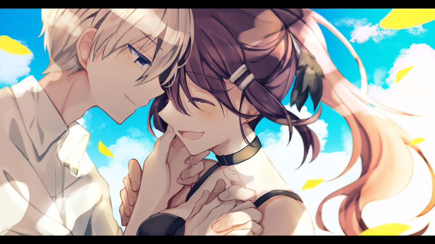 1boy, 1girl, black_dress, blonde_hair, blue_eyes, brown_hair, closed_eyes, couple