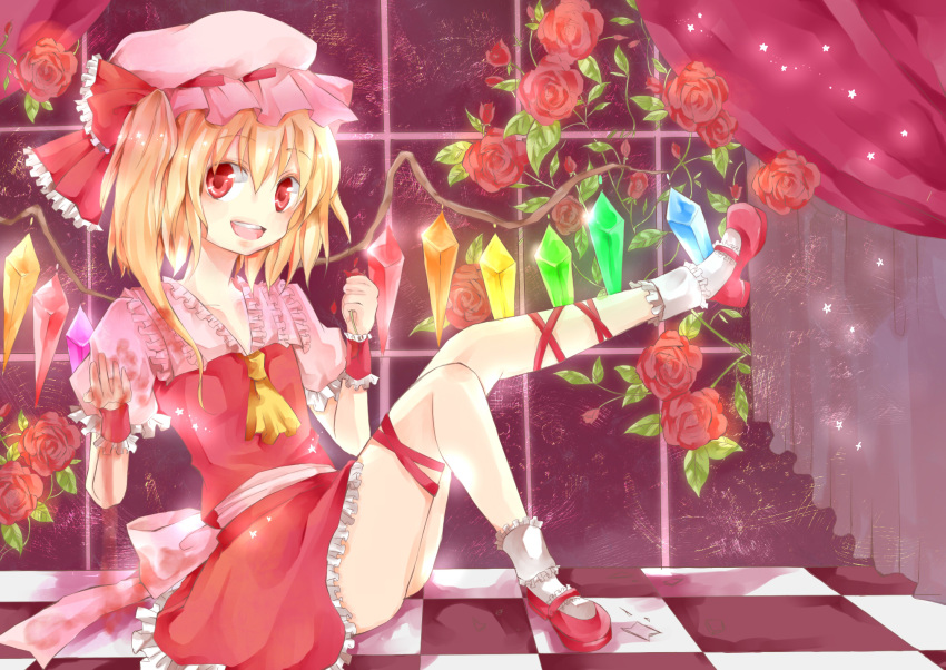 ascot, blonde_hair, crystal, curtains, flandre_scarlet, flower, frills, hat