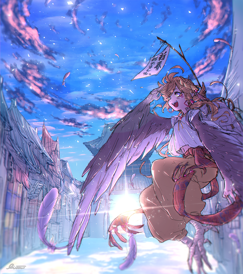1girl, :d, bangs, chinese_zodiac, clouds, commentary_request, day, feathers