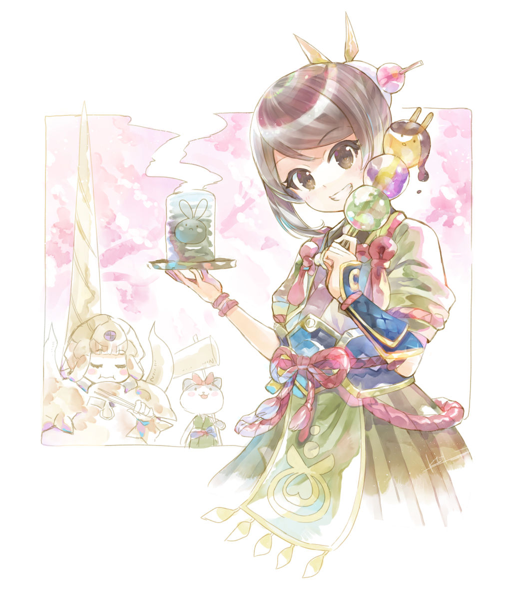 2girls, animal, bangs, brown_eyes, brown_hair, clothed_animal, cup, dango