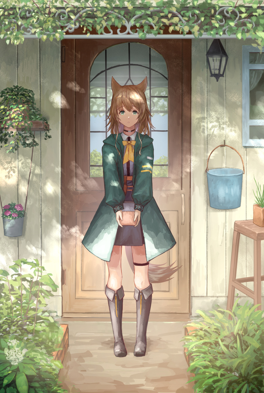 1girl, absurdres, animal_ears, arknights, bangs, belt, belt_buckle, black_footwear, boots, bow, brown_hair, bucket, buckle, choker, curtains, dappled_sunlight, door, eyebrows_visible_through_hair, eyes_visible_through_hair, flower, garden, green_eyes, green_jacket, highres, holding, holster, jacket, lamp, light, light_smile, long_hair, long_sleeves, looking_afar, looking_at_viewer, parted_lips, plant, podenco_(arknights), pot, potted_plant, reflection, shirt, simple_background, single_garter_strap, solo, standing, stool, sunlight, tail, uzurako, white_shirt, window, yellow_bow, zipper_legwear