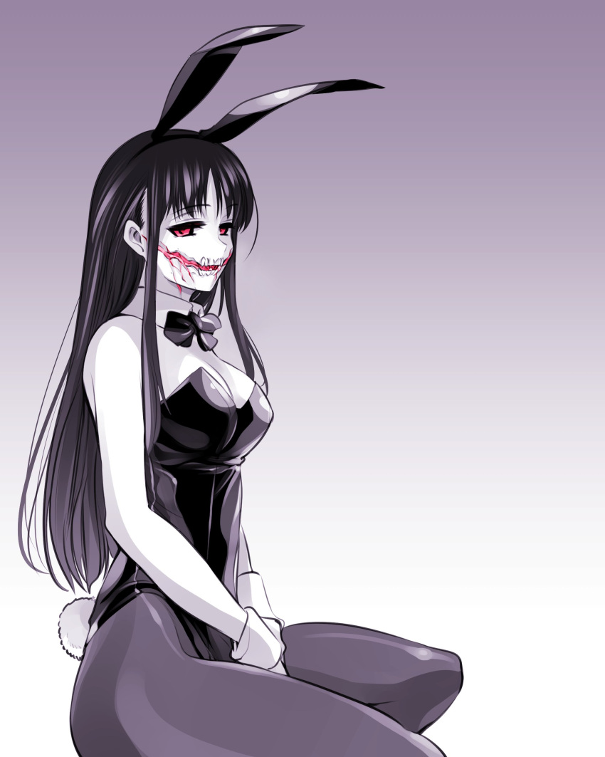 1girl, absurdres, animal_ears, bare_shoulders, bow, bowtie, bunny_tail, commentary, detached_collar, fake_animal_ears, fake_tail, glasgow_smile, hands_together, highres, ishiyumi, kuchisake-onna_(ishiyumi), leotard, long_hair, monochrome, original, playboy_bunny, purple_theme, rabbit_ears, red_eyes, sidelocks, sleeveless, solo, spot_color, strapless, strapless_leotard, tail, wing_collar, wrist_cuffs
