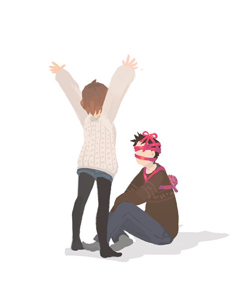 1boy, 1girl, arms_up, ave, black_hair, black_legwear, brown_hair, brown_sweater