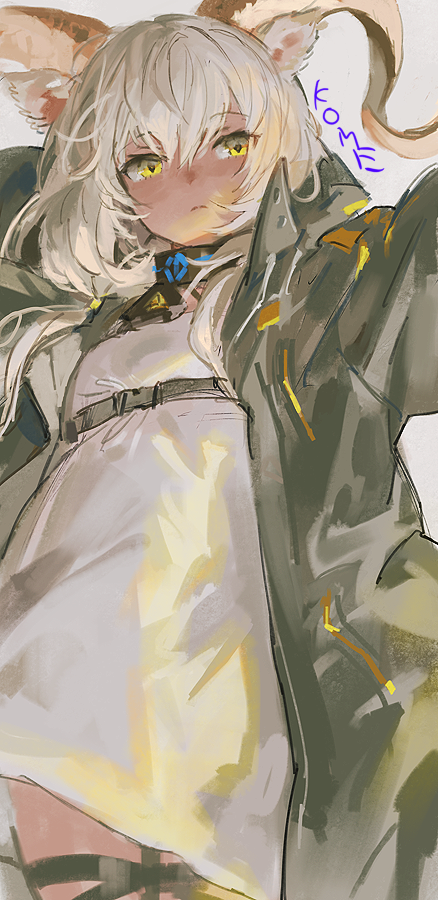 1girl, animal_ears, arknights, bangs, beeswax_(arknights), black_coat, closed_mouth, coat
