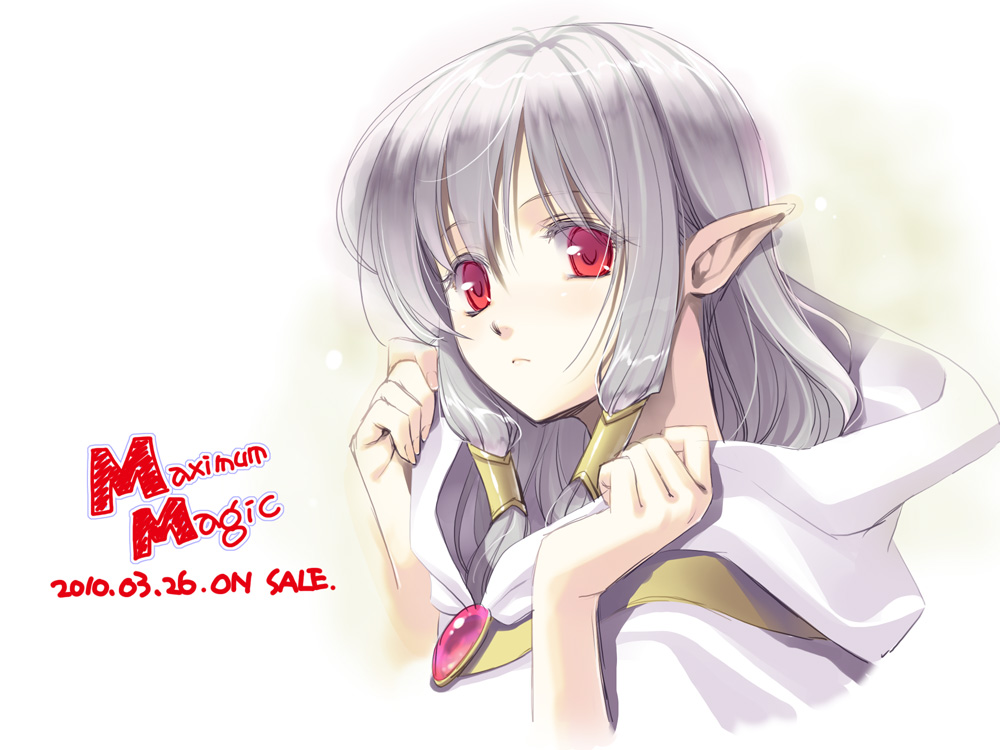 long_hair, mashimaro, maximum_magic, pointy_ears, red_eyes, sedna, silver_hair