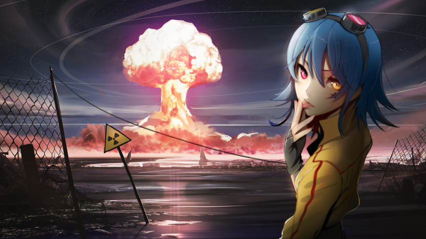 1girl, arm_up, bangs, blue_hair, facial_mark, fence, finger_licking, fingerless_gloves