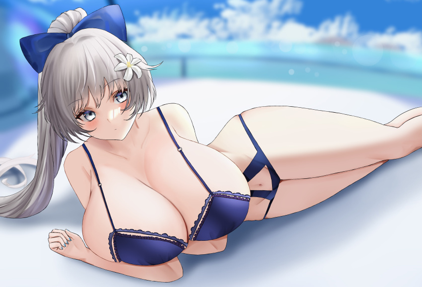 1girl, absurdres, azur_lane, blue_bow, blurry, blurry_background, bow, breasts