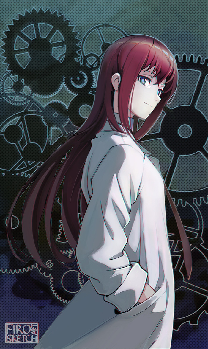 1girl, abstract_background, artist_name, bangs, blue_background, blue_eyes, brown_hair, closed_mouth, collar, firoro, from_side, hair_between_eyes, labcoat, long_hair, long_sleeves, looking_at_viewer, looking_to_the_side, makise_kurisu, sidelocks, smile, solo, standing, steins;gate