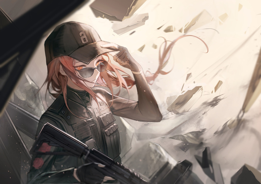 1girl, 52hertz, arknights, ash_(rainbow_six_siege), assault_rifle, baseball_cap, black_clothes, black_gloves