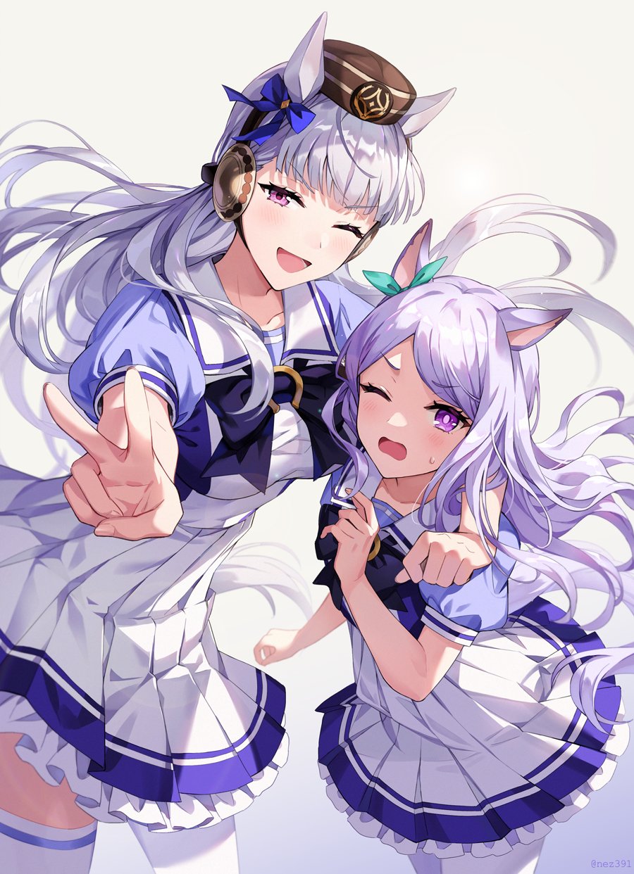 2girls, animal_ears, aqua_bow, aqua_ribbon, bangs, blunt_bangs, bow, bridle