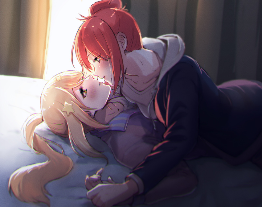 2girls, absurdres, backlighting, bangs, bed, blonde_hair, blue_jacket, blurry