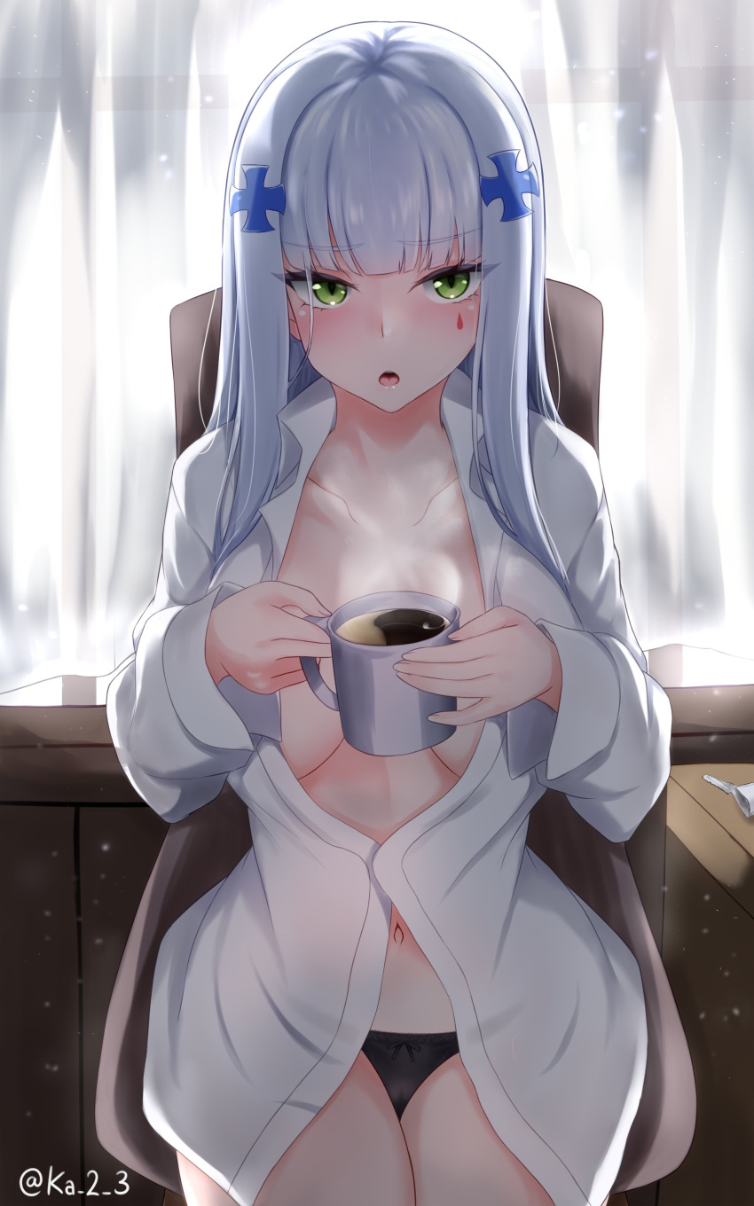 1girl, absurdres, bangs, black_panties, blunt_bangs, breasts, chair, coffee