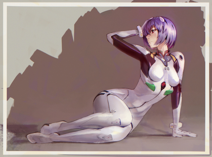 1girl, arm_support, arm_up, ayanami_rei, bangs, blue_hair, bodysuit, breasts, closed_mouth, firoro, framed, from_side, gloves, grey_background, hair_between_eyes, hair_ornament, hand_on_own_head, interface_headset, looking_away, looking_to_the_side, neon_genesis_evangelion, plugsuit, red_eyes, short_hair, simple_background, sitting, solo, turtleneck, white_bodysuit