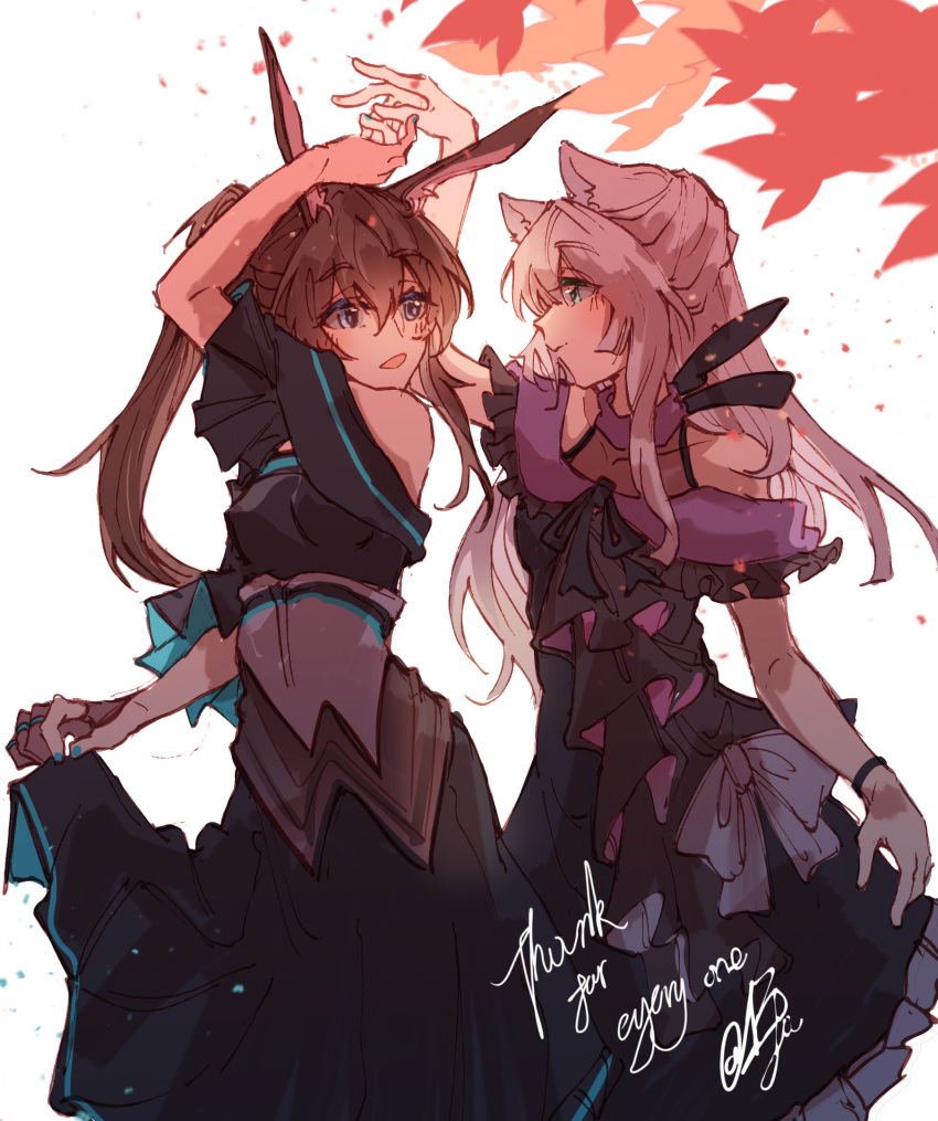 2girls, alternate_costume, amiya_(arknights), animal_ears, arknights, bare_shoulders, blue_eyes, blush