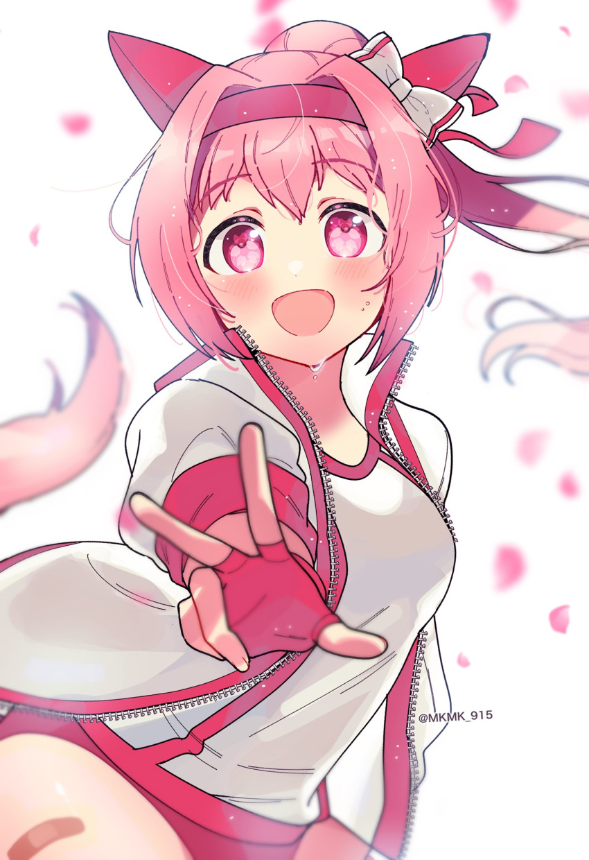 1girl, animal_ears, bandaid, bandaid_on_leg, blush, bow, buruma, cherry_blossoms