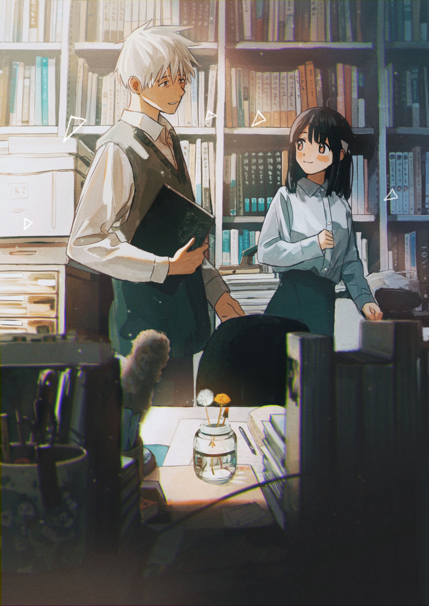 1boy, 1girl, ahoge, black_hair, blue_shirt, blurry, blurry_foreground, blush, book, bookshelf, brown_eyes, brown_sweater_vest, chair, closed_mouth, collared_shirt, commentary_request, day, desk, dress_shirt, dust_particles, flower, hand_up, highres, holding, holding_book, indoors, long_sleeves, looking_at_another, medium_hair, office, office_chair, open_collar, original, pen, printer, shirt, short_hair, smile, spiky_hair, sunlight, tadano_(toriaezu_na_page), triangle, white_hair, white_shirt