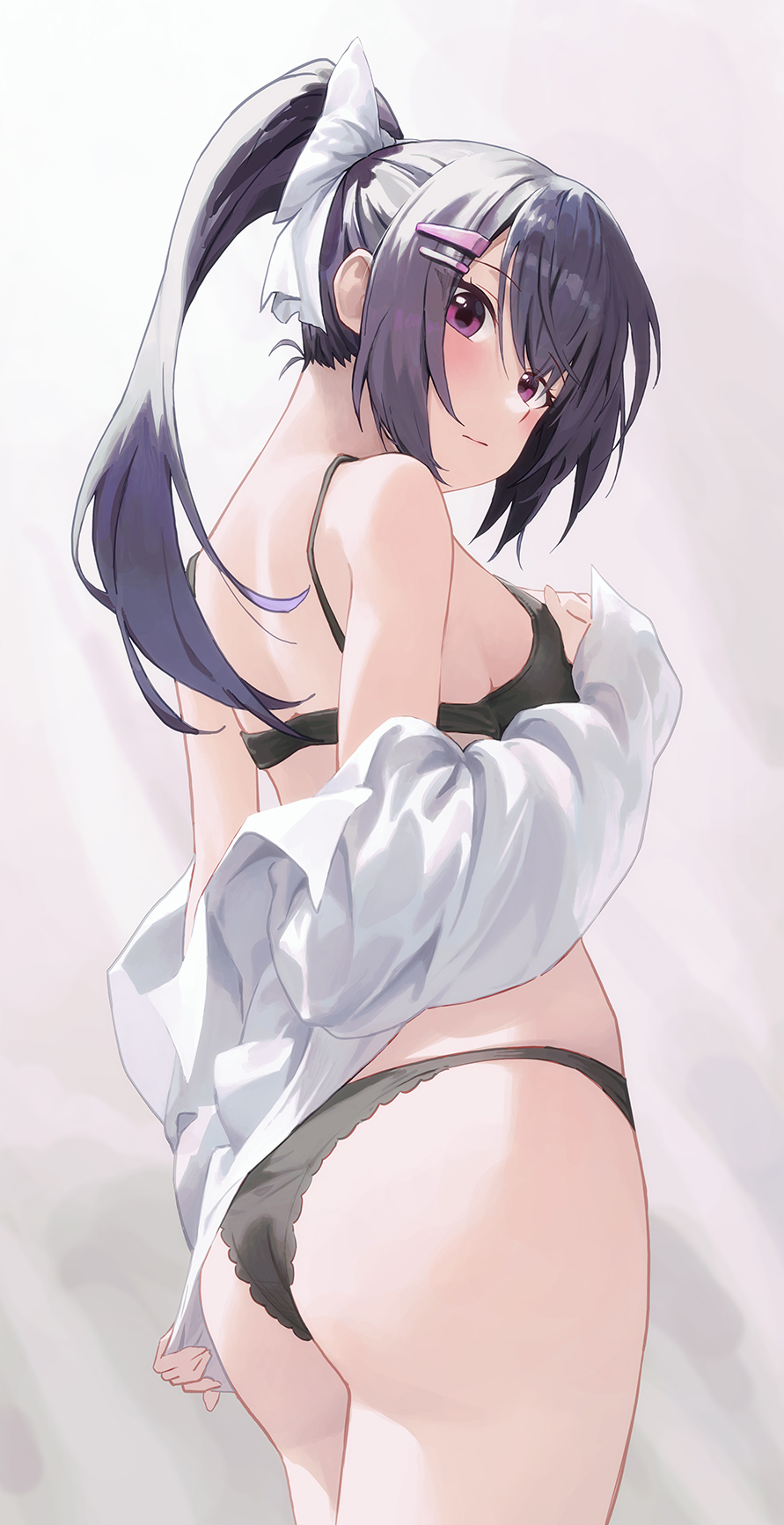 1girl, ass, black_bra, black_panties, blush, bow, bra, breasts