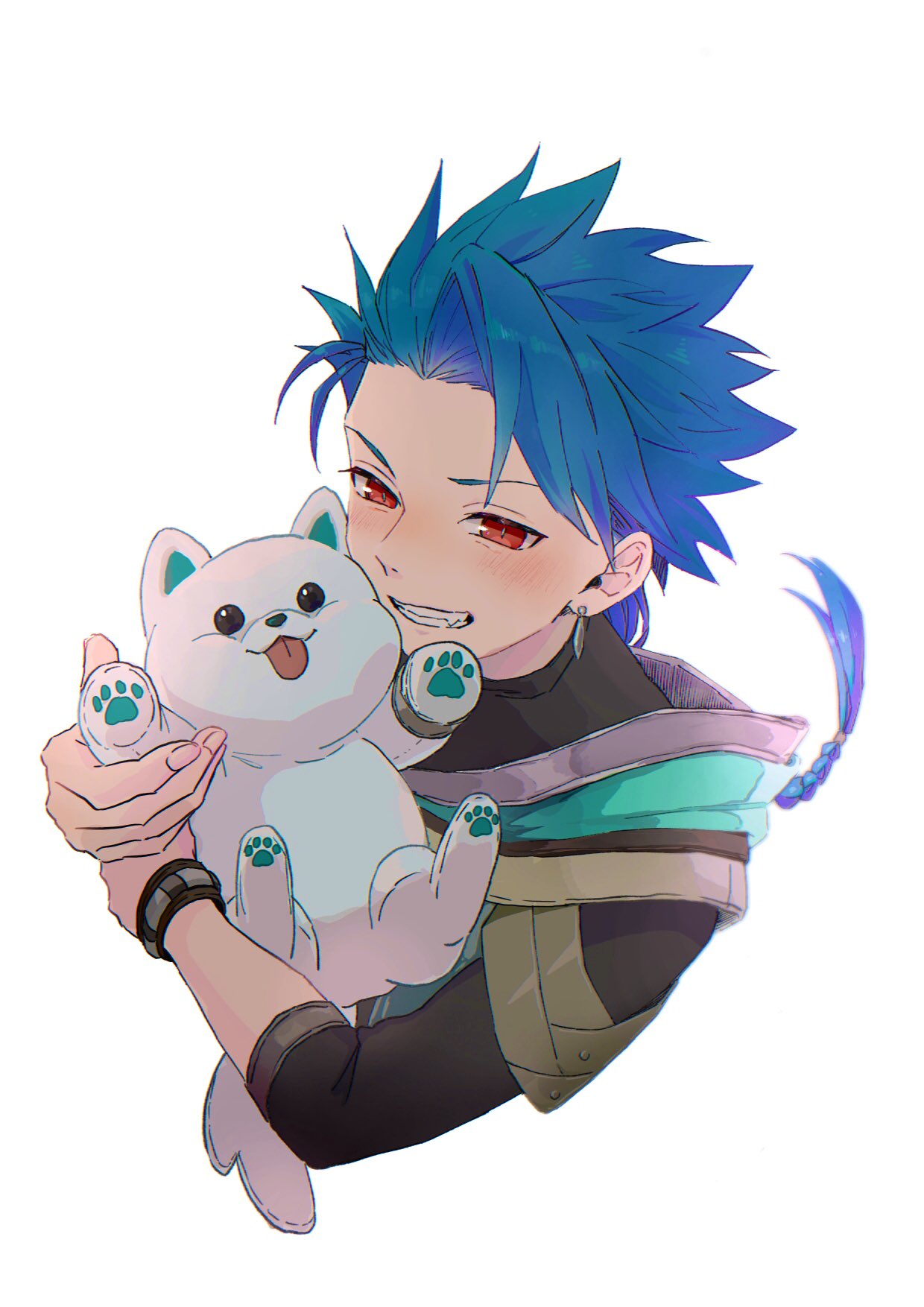 1boy, 1other, 4040_(shiii_yade), animal, asymmetrical_bangs, bangs, blue_hair, blush
