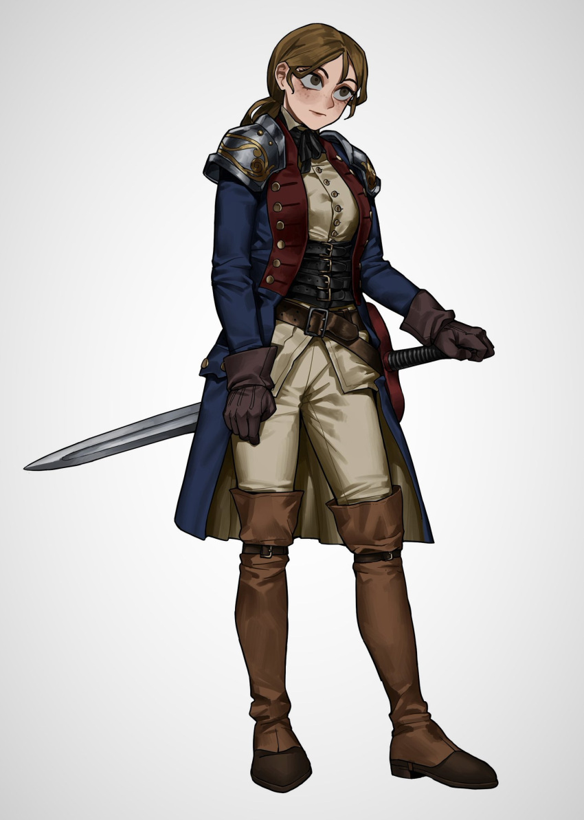 1girl, armor, bangs, beige_pants, belt, belt_buckle, black_belt, black_neckwear, blue_coat, boots, brown_belt, brown_footwear, brown_gloves, brown_hair, buckle, buttons, closed_mouth, coat, collared_shirt, commentary, commission, english_commentary, freckles, full_body, gloves, grey_background, grey_eyes, highres, holding, holding_sword, holding_weapon, knee_boots, leather, leather_boots, leather_gloves, lips, long_sleeves, looking_away, medium_hair, open_clothes, open_coat, original, ponytail, remora25, shirt, shoulder_armor, simple_background, solo, standing, sword, weapon
