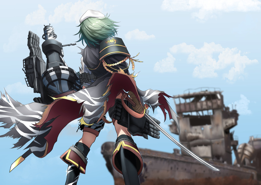 1girl, absurdres, black_footwear, blue_sky, boat, cape, clouds, commentary_request