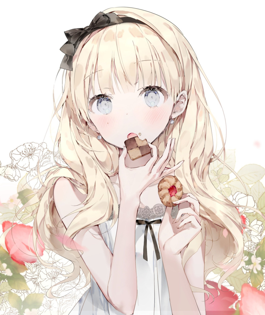 black_ribbon, blonde_hair, blue_eyes, blush, collarbone, cookie, copyright_request, dress