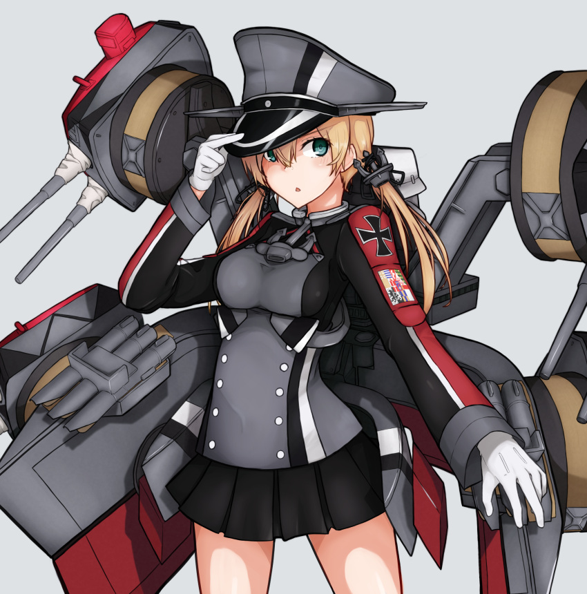 1girl, anchor_hair_ornament, aqua_eyes, black_skirt, blonde_hair, breasts, cannon, gloves
