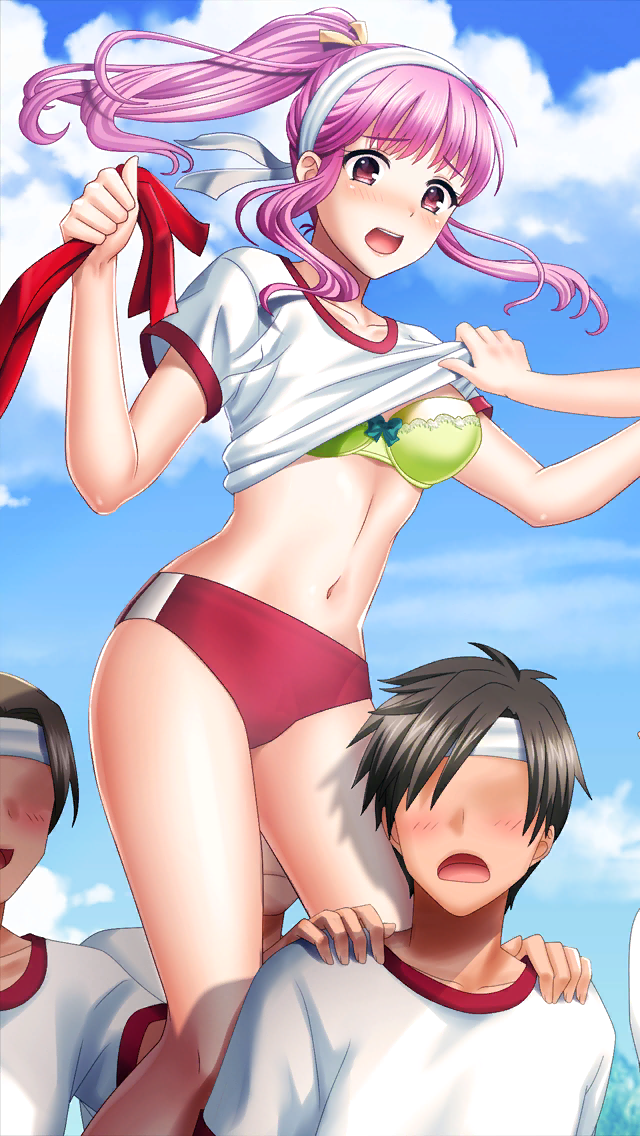 1girl, 3boys, assisted_exposure, bangs, blue_sky, blush, bra, breasts, buruma, clouds, collarbone, doukyuusei, doukyuusei_another_world, eyebrows_visible_through_hair, faceless, faceless_male, floating_hair, game_cg, green_bra, hair_ribbon, hands_on_another's_shoulder, headband, high_ponytail, holding, lifted_by_another, long_hair, medium_breasts, midriff, multiple_boys, navel, official_art, open_mouth, outdoors, pink_hair, red_buruma, red_eyes, ribbon, sakuragi_mai, shirt, shirt_lift, short_sleeves, sky, stomach, underwear, white_headband, white_shirt, yellow_ribbon