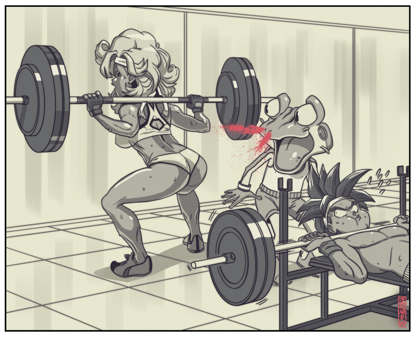 1girl, 2boys, ass, ayla_(chrono_trigger), barbell, blood, border, breasts