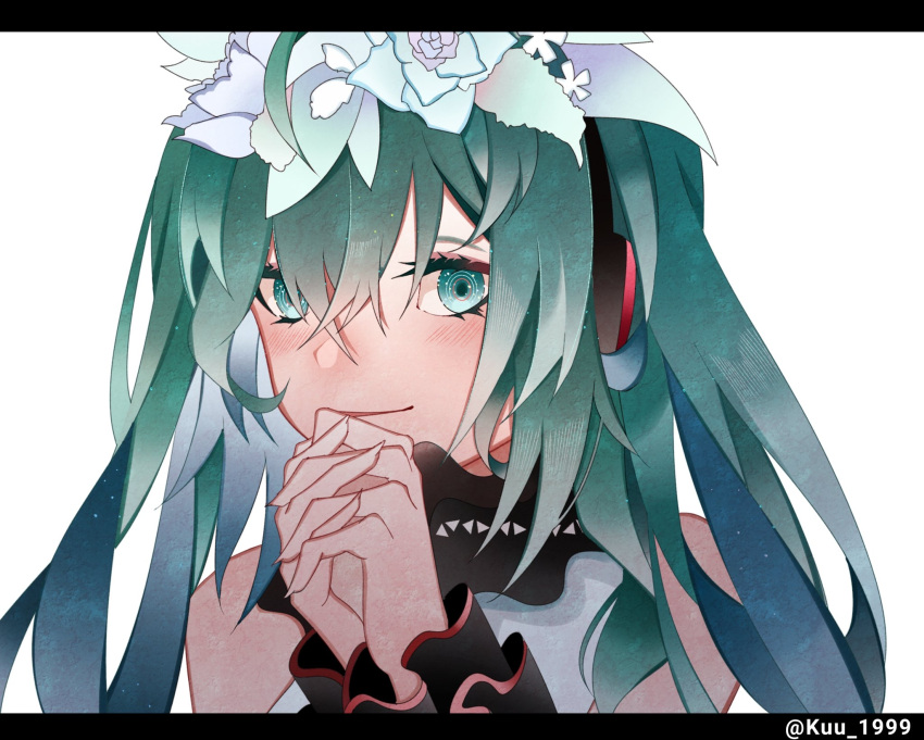 ahoge, aqua_eyes, aqua_hair, bangs, bless_you_(module), blush, fingernails, flower