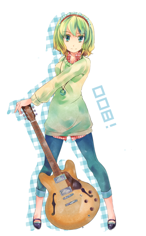 blonde_hair, casual, guitar, instrument, jewelry, necklace, short_hair, touhou