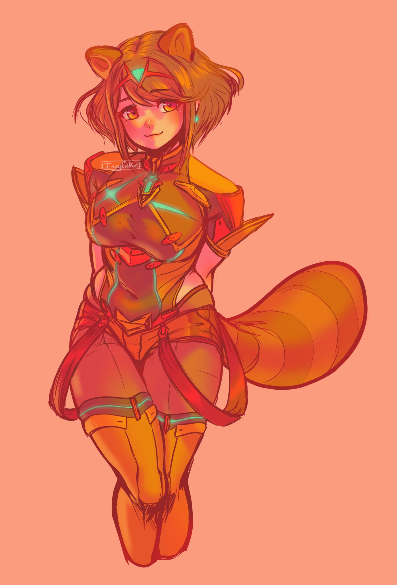1girl, animal_ears, arms_behind_back, bangs, breasts, chest_jewel, covered_navel, cropped_legs