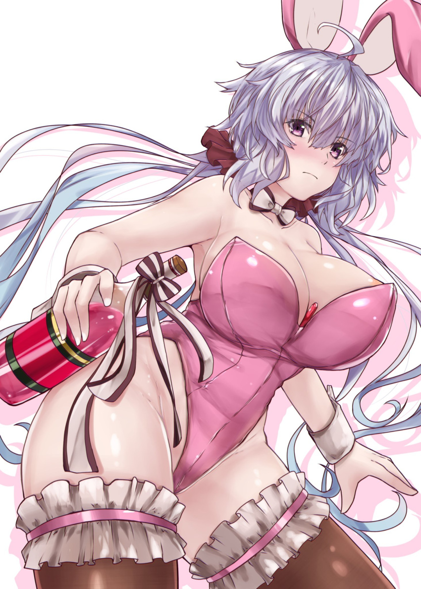 ahoge, animal_ears, black_legwear, blush, bottle, detached_collar, fake_animal_ears, frilled_legwear