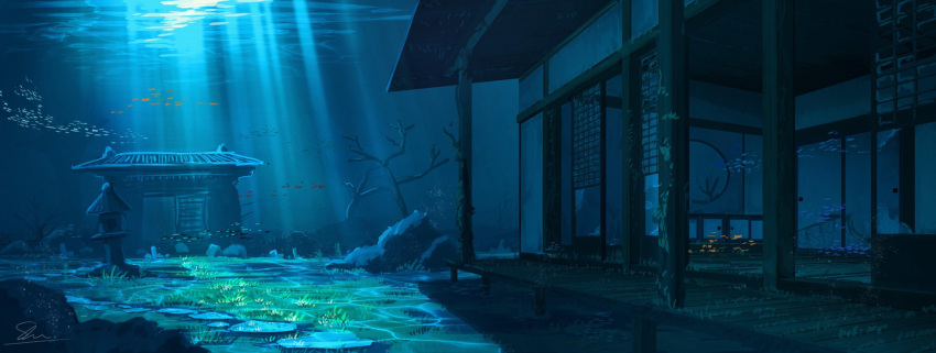 aqua_theme, architecture, bare_tree, caustics, commentary_request, dappled_sunlight, east_asian_architecture, highres, immersed, moss, no_humans, original, outdoors, rock, scenery, shoal, shouji, shuu_illust, signature, sliding_doors, stepping_stones, stone_lantern, sunlight, tree, underwater, veranda