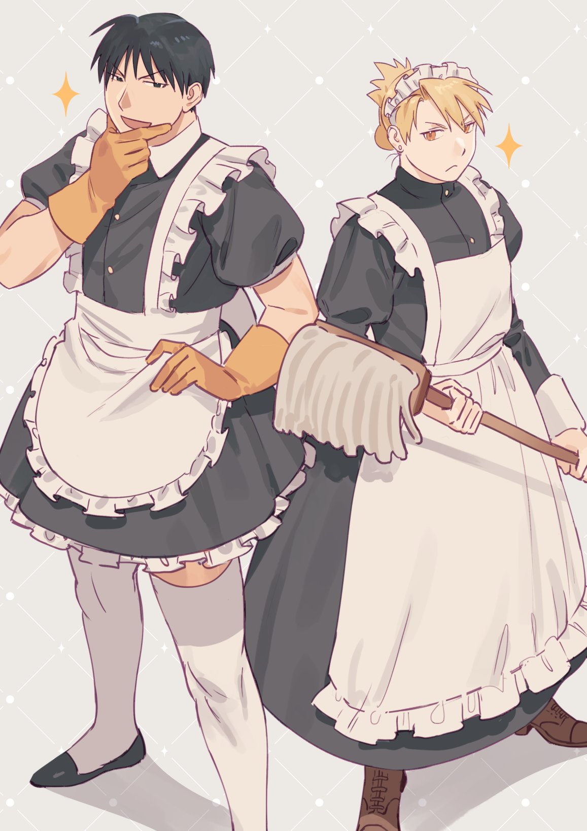 1boy, 1girl, alternate_costume, apron, black_dress, black_eyes, black_hair, blonde_hair