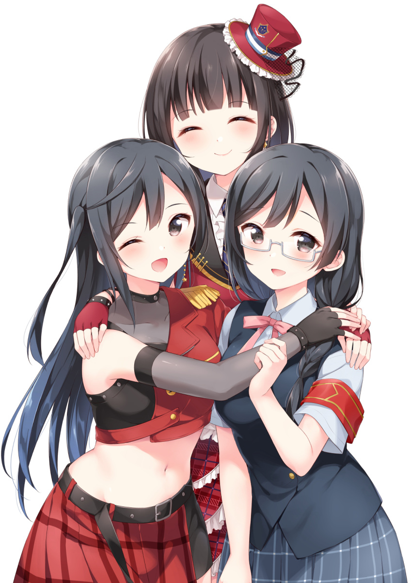 3girls, asymmetrical_clothes, bangs, black_hair, braid, breasts, chase!_(love_live!), closed_eyes, commentary_request, covered_collarbone, dive!_(love_live!), dual_persona, earrings, elbow_gloves, eyebrows_visible_through_hair, fingerless_gloves, glasses, gloves, grey_eyes, hat, hazuki_(sutasuta), highres, jewelry, kusunoki_tomori, long_hair, love_live!, love_live!_nijigasaki_high_school_idol_club, medium_breasts, midriff, multiple_girls, nakagawa_nana, navel, nijigasaki_academy_uniform, one_eye_closed, school_uniform, seiyuu, seiyuu_connection, semi-rimless_eyewear, shiny, shiny_hair, short_hair, side_ponytail, sidelocks, twin_braids, under-rim_eyewear, yuuki_setsuna_(love_live!)