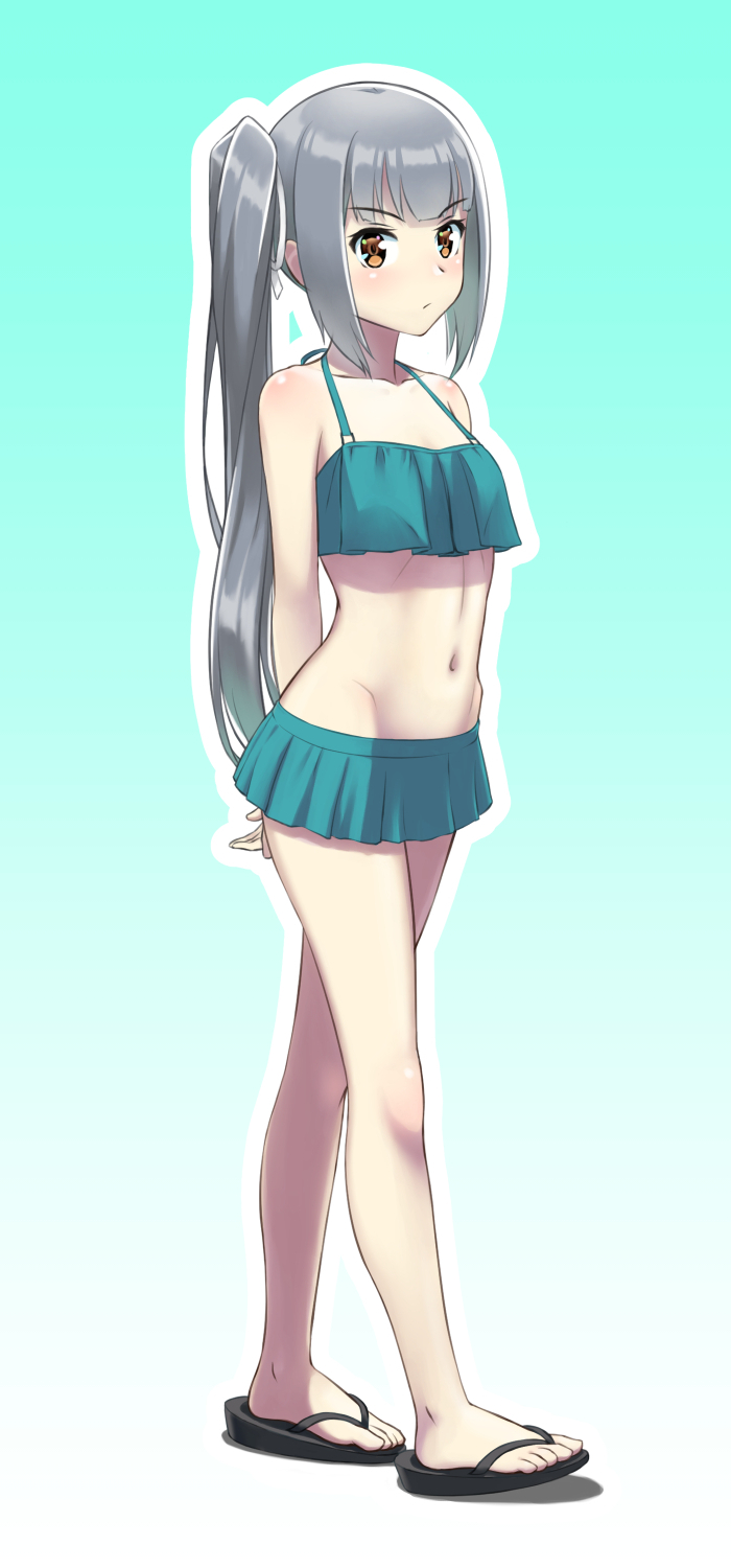 1girl, bangs, bikini, blue_bikini, blunt_bangs, blush, breasts, brown_eyes