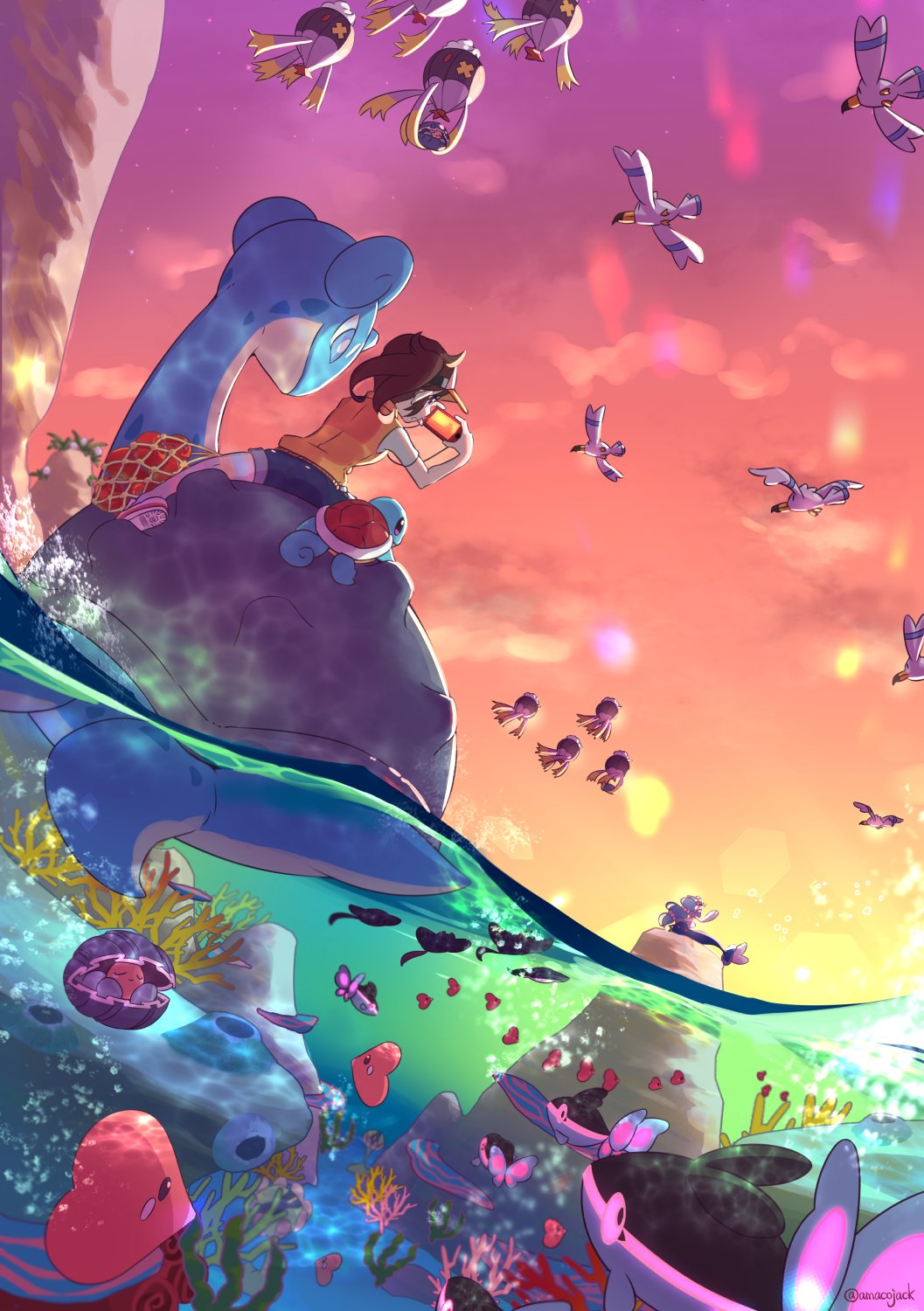 1girl, air_bubble, amaco_(amacoworklove), brown_hair, bubble, camera, clamperl, clouds