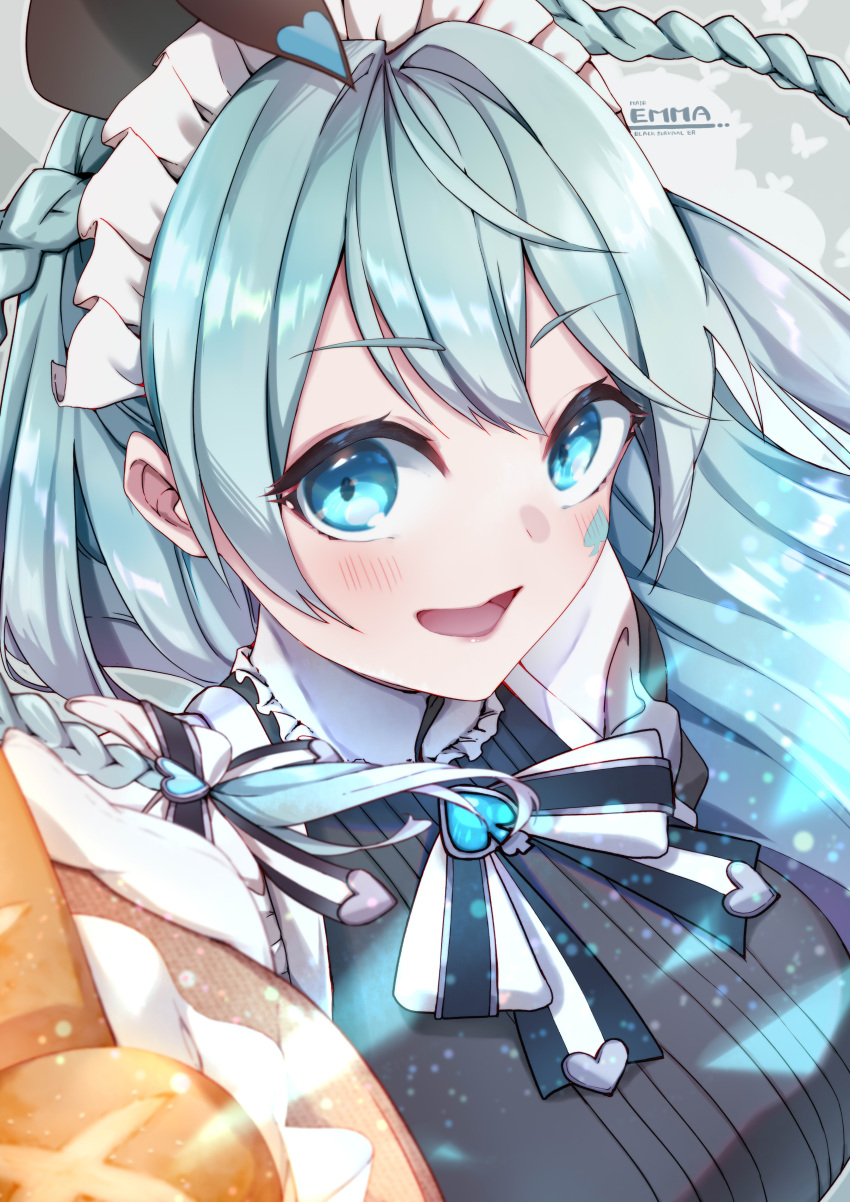 1girl, absurdres, alternate_costume, aqua_hair, black_survival, blue_eyes, blush, bread, breasts, emma_(black_survival), enmaided, facial_mark, food, highres, large_breasts, looking_at_viewer, maid, maid_headdress, open_mouth, shinoduki, solo, spade_(shape), tagme