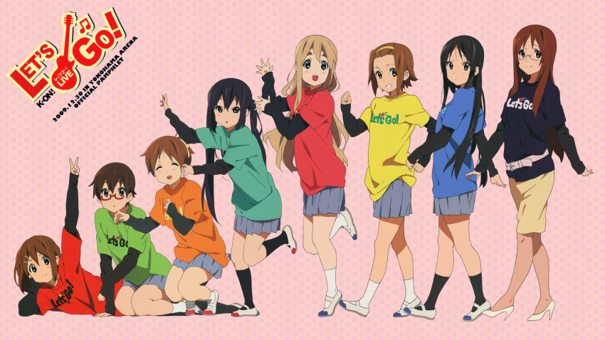 akiyama_mio, black_eyes, black_hair, black_socks, blonde_hair, blue_eyes, brown_eyes, brown_hair, casual, closed_eyes, everyone, eyebrows, hairband, high_heels, highres, hime_cut, hirasawa_ui, hirasawa_yui, k-on!, kotobuki_tsumugi, legs, let's_go!, long_hair, manabe_nodoka, nakano_azusa, pantyhose, ponytail, shoes, short_hair, skirt, socks, tainaka_ritsu, twintails, uwabaki, v, white_socks, yamanaka_sawako