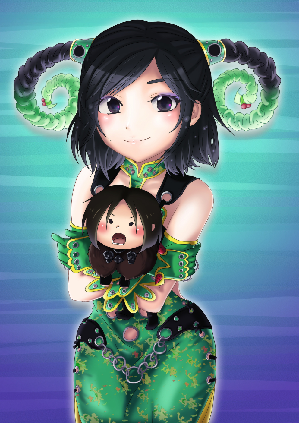 1boy, 1girl, armlet, armor, bare_shoulders, belt, black_armor, black_eyes